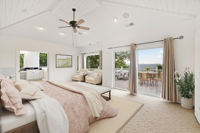 1853 Lafever Ridge Rd, Silver Point, TN 38582 - bedroom with light colored carpet, access to exterior, recessed lighting, wooden ceiling with exposed beams, and ceiling fan