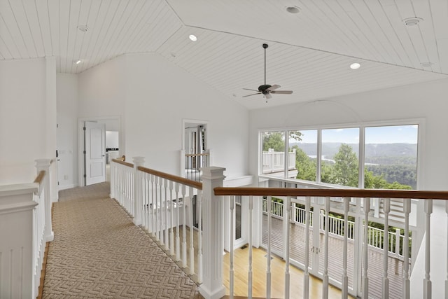 1853 Lafever Ridge Rd, Silver Point, TN 38582 - hall featuring an upstairs landing, recessed lighting, wood ceiling, and high vaulted ceiling