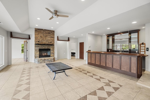 1853 Lafever Ridge Rd, Silver Point, TN 38582 - welcome area with lofted ceiling, ceiling fan, a fireplace, recessed lighting, and a sink
