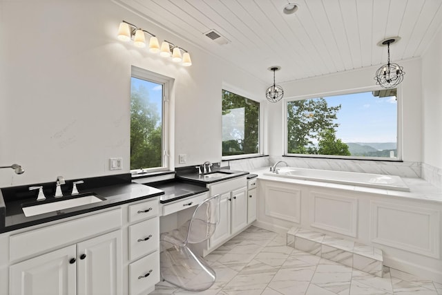 1853 Lafever Ridge Rd, Silver Point, TN 38582 - bathroom featuring vanity, a garden tub, marble finish floors, and wooden ceiling