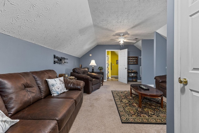 154 Jasons Way, Leoma, TN 38468 - living area featuring light colored carpet, ceiling fan, a textured ceiling, and lofted ceiling