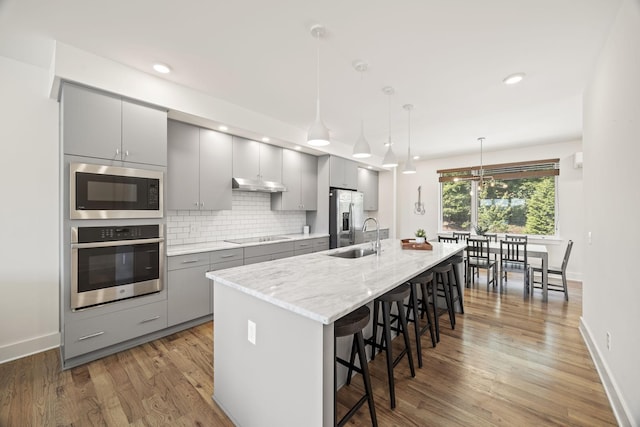 3746 Central Pike Unit 15, Hermitage, TN 37076 - kitchen featuring appliances with stainless steel finishes, gray cabinetry, under cabinet range hood, a sink, and a kitchen breakfast bar