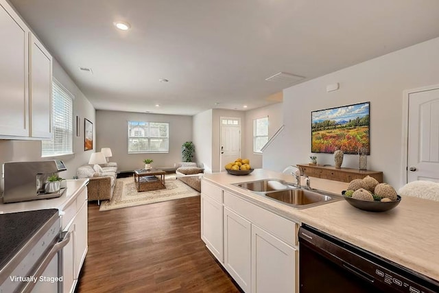 18 Pointer Pl, Lebanon, TN 37087 - kitchen featuring dishwasher, open floor plan, dark wood finished floors, white cabinetry, and recessed lighting