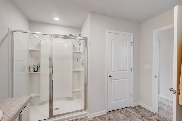 18 Pointer Pl, Lebanon, TN 37087 - full bathroom featuring a shower stall, vanity, wood finished floors, and recessed lighting
