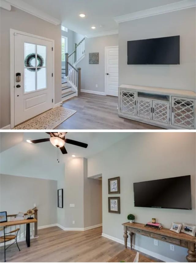 1727 Fenway Loop, Antioch, TN 37013 - living area with light wood-type flooring, crown molding, baseboards, recessed lighting, and stairs