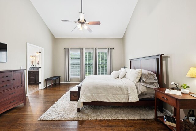 119 Abercairn Dr, Franklin, TN 37064 - bedroom featuring lofted ceiling, dark wood-type flooring, ensuite bathroom, and ceiling fan