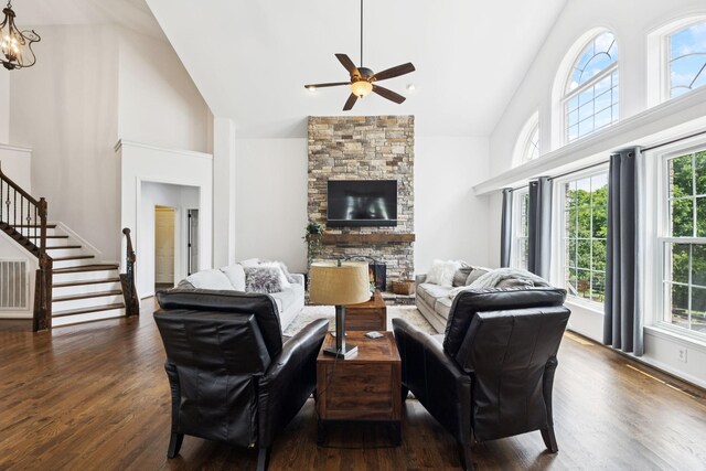 119 Abercairn Dr, Franklin, TN 37064 - living area with high vaulted ceiling, a ceiling fan, stairway, wood finished floors, and a chandelier
