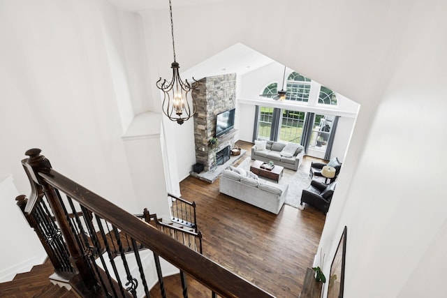 119 Abercairn Dr, Franklin, TN 37064 - stairs with high vaulted ceiling, wood finished floors, and a chandelier