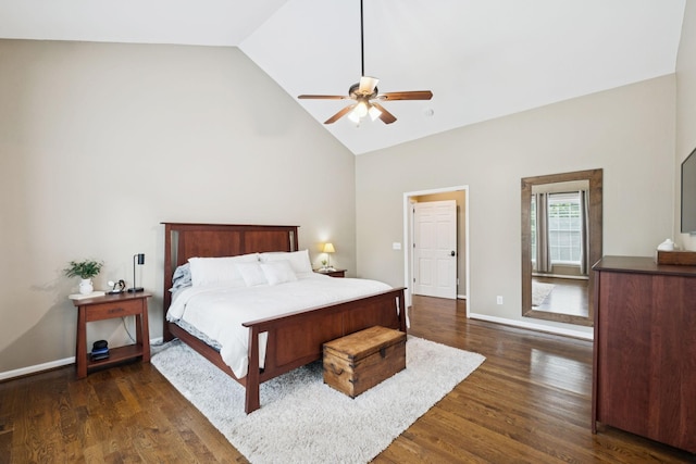 119 Abercairn Dr, Franklin, TN 37064 - bedroom with high vaulted ceiling, dark wood finished floors, baseboards, and a ceiling fan