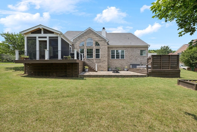 119 Abercairn Dr, Franklin, TN 37064 - rear view of property featuring a sunroom, stairway, a chimney, a patio, and a yard