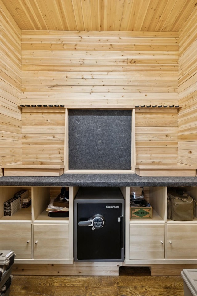 119 Abercairn Dr, Franklin, TN 37064 - kitchen view of wood ceiling, dark countertops, and wood walls