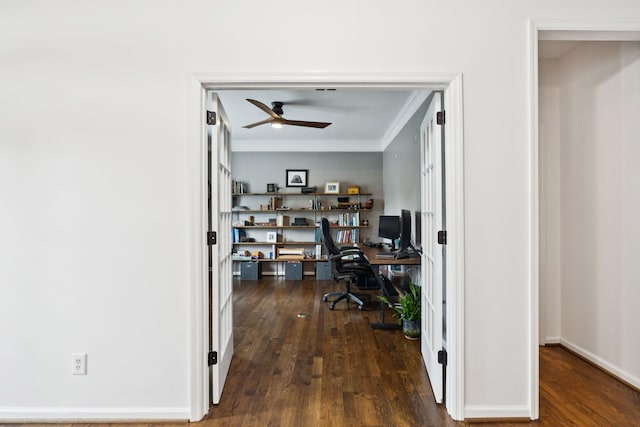119 Abercairn Dr, Franklin, TN 37064 - home office with a ceiling fan, crown molding, wood finished floors, and baseboards