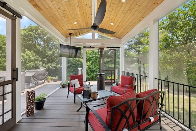 119 Abercairn Dr, Franklin, TN 37064 - sunroom featuring vaulted ceiling, ceiling fan, plenty of natural light, and view of wooded area