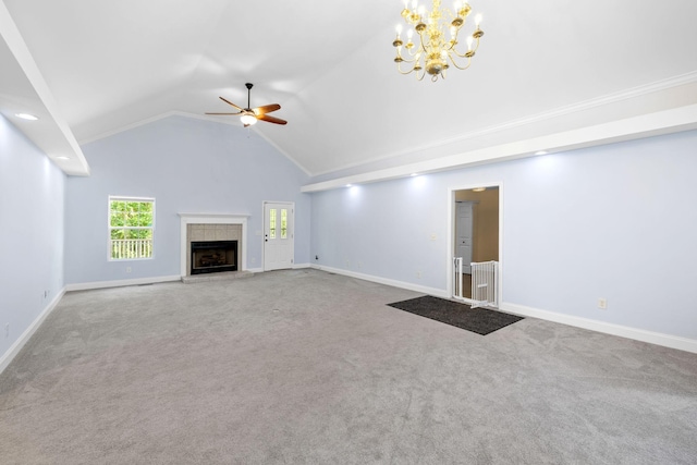 2520 Johnson Ridge Rd, Antioch, TN 37013 - unfurnished living room with ceiling fan, carpet, a tile fireplace, a chandelier, and high vaulted ceiling