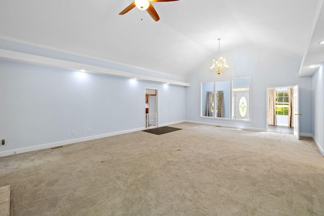 2520 Johnson Ridge Rd, Antioch, TN 37013 - unfurnished living room featuring ceiling fan, carpet floors, a chandelier, baseboards, and high vaulted ceiling