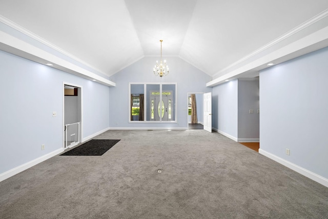 2520 Johnson Ridge Rd, Antioch, TN 37013 - unfurnished living room with a chandelier, carpet, vaulted ceiling, and baseboards