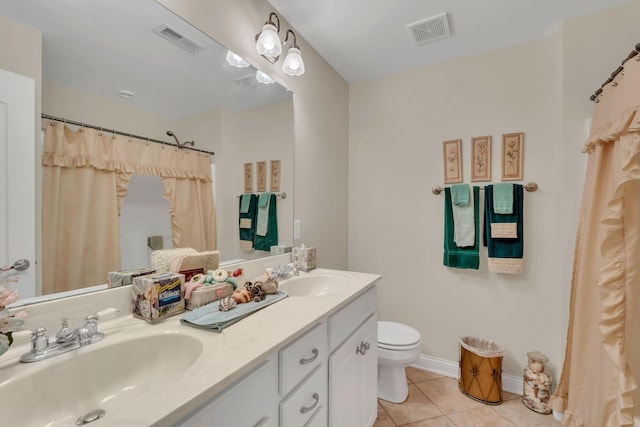 4090 Ironwood Dr, Greenbrier, TN 37073 - bathroom featuring tile patterned flooring, double vanity, toilet, curtained shower, and baseboards