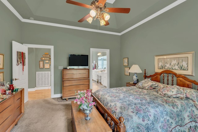 4090 Ironwood Dr, Greenbrier, TN 37073 - carpeted bedroom with baseboards, a high ceiling, ornamental molding, ceiling fan, and ensuite bathroom