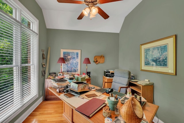 4090 Ironwood Dr, Greenbrier, TN 37073 - office area featuring lofted ceiling, a ceiling fan, light wood finished floors, and baseboards
