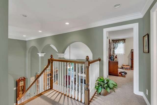 4090 Ironwood Dr, Greenbrier, TN 37073 - hallway featuring carpet flooring, crown molding, recessed lighting, an upstairs landing, and baseboards