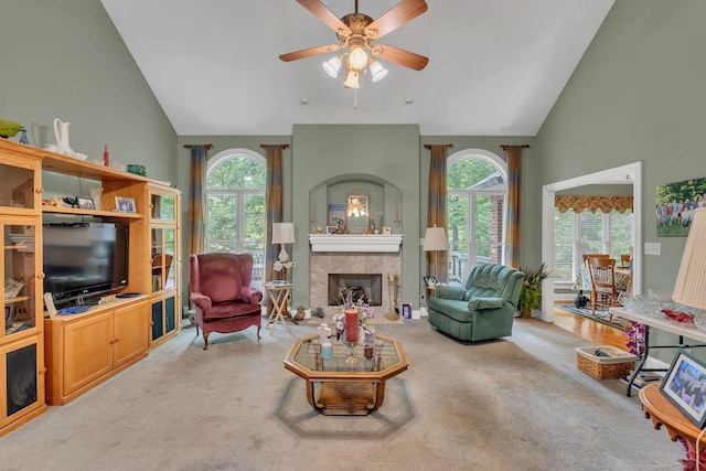 4090 Ironwood Dr, Greenbrier, TN 37073 - living area featuring carpet flooring, healthy amount of natural light, ceiling fan, and high vaulted ceiling