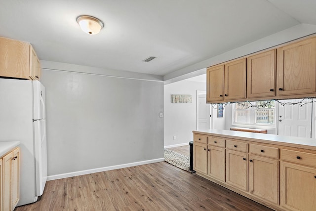 1618 Woodside Dr, Lebanon, TN 37087 - kitchen with freestanding refrigerator, wood finished floors, baseboards, and light countertops