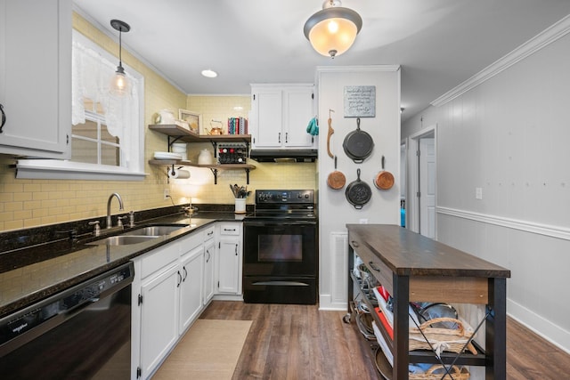 7116 Meadow View Dr, Fairview, TN 37062 - kitchen with black appliances, crown molding, backsplash, under cabinet range hood, and white cabinets
