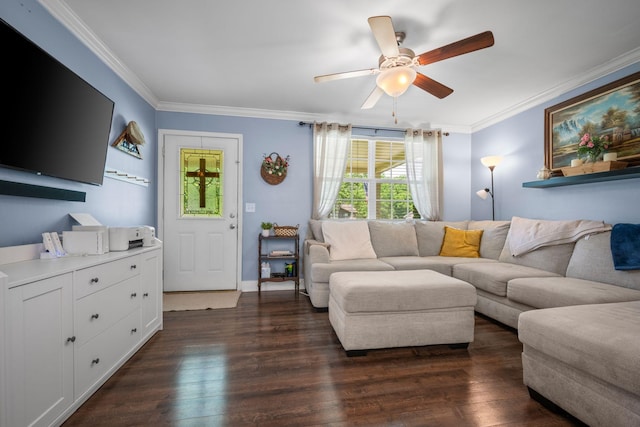 7116 Meadow View Dr, Fairview, TN 37062 - living room featuring crown molding, ceiling fan, and dark wood finished floors