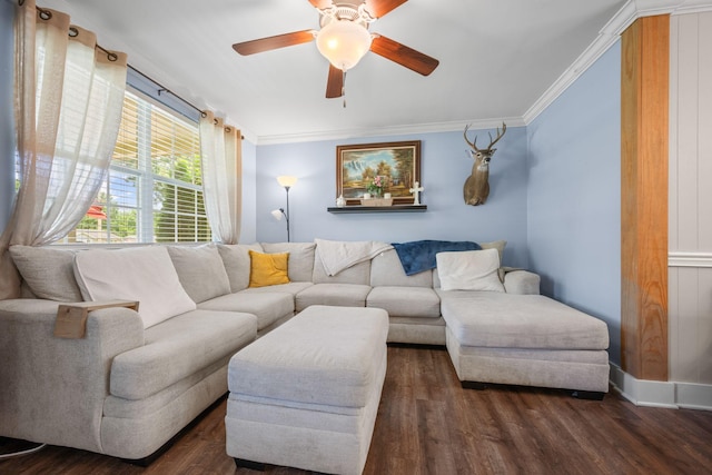 7116 Meadow View Dr, Fairview, TN 37062 - living area with crown molding, ceiling fan, and wood finished floors