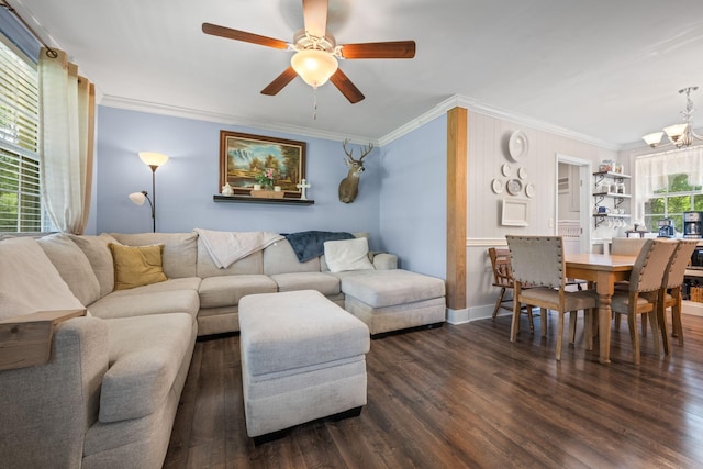 7116 Meadow View Dr, Fairview, TN 37062 - living area with crown molding, wood finished floors, a ceiling fan, and a chandelier