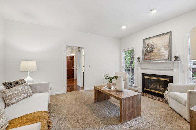 907 Paddock Park, Nashville, TN 37220 - living room featuring carpet flooring, a fireplace with flush hearth, baseboards, and recessed lighting