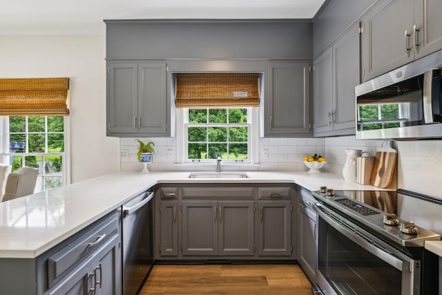 907 Paddock Park, Nashville, TN 37220 - kitchen with stainless steel appliances, a sink, gray cabinetry, a peninsula, and backsplash