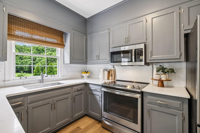 907 Paddock Park, Nashville, TN 37220 - kitchen with appliances with stainless steel finishes, a sink, gray cabinetry, decorative backsplash, and light countertops