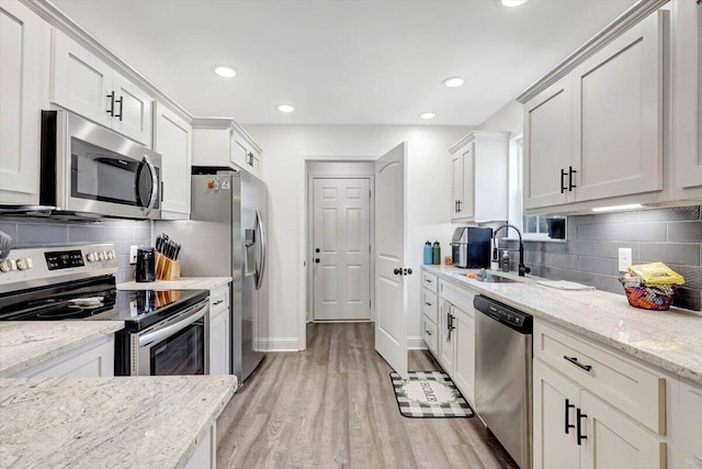 3128 Crow Rd NE, Dalton, GA 30721 - kitchen with appliances with stainless steel finishes, a sink, light wood-style flooring, backsplash, and recessed lighting