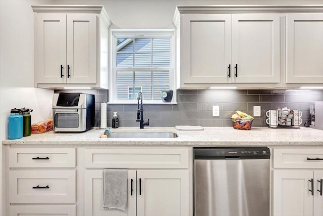 3128 Crow Rd NE, Dalton, GA 30721 - kitchen with dishwasher, a sink, decorative backsplash, white cabinetry, and light stone counters