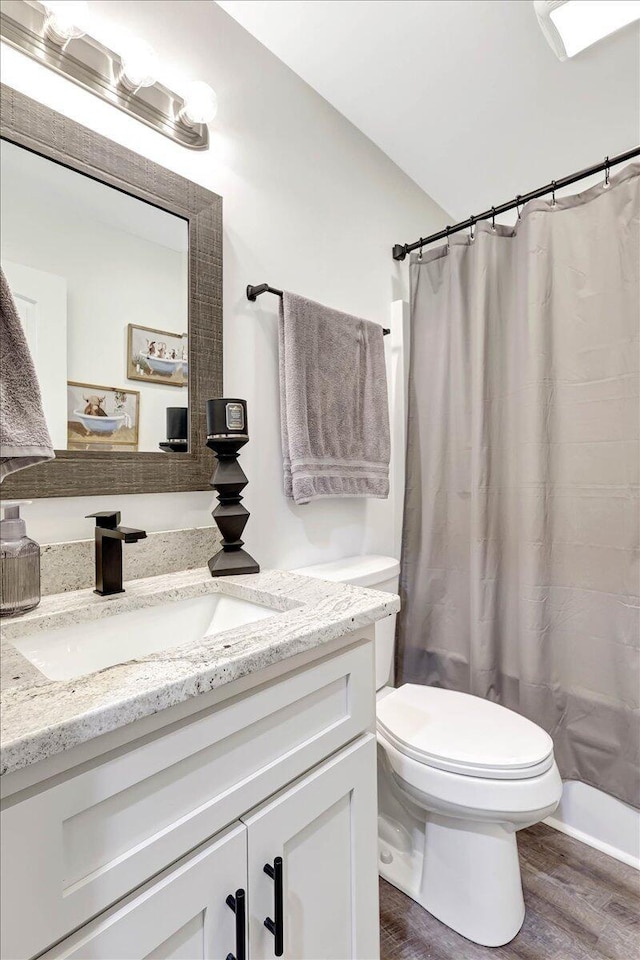 3128 Crow Rd NE, Dalton, GA 30721 - bathroom featuring vanity, toilet, wood finished floors, and a shower with shower curtain