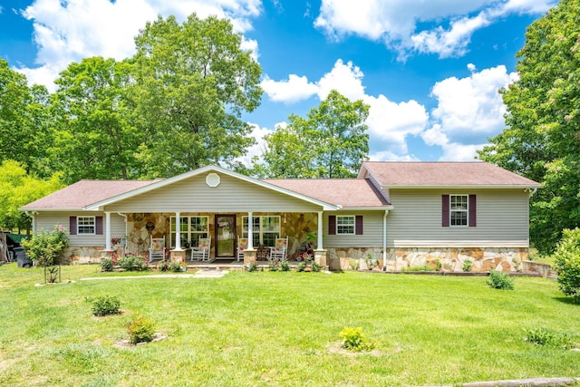 222 Bennie Camp Rd, Dunlap, TN 37327 - view of front of home with stone siding, a front lawn, a porch, and roof with shingles