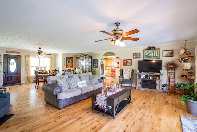 222 Bennie Camp Rd, Dunlap, TN 37327 - living area with ceiling fan, light wood-style floors, crown molding, and a glass covered fireplace