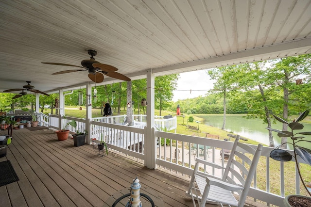 222 Bennie Camp Rd, Dunlap, TN 37327 - wooden terrace with a water view, ceiling fan, and a yard