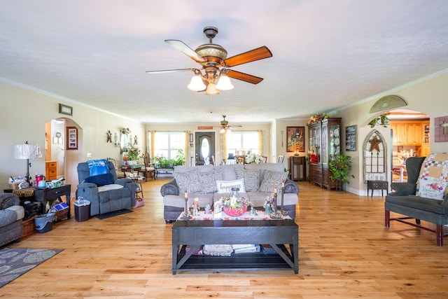 222 Bennie Camp Rd, Dunlap, TN 37327 - living room with arched walkways, a ceiling fan, crown molding, and light wood finished floors