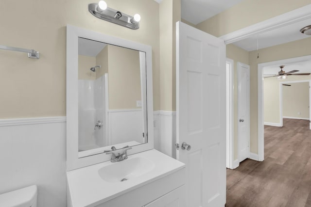 806 Drummond Dr, Nashville, TN 37211 - full bath with vanity, toilet, wood finished floors, a wainscoted wall, and a shower