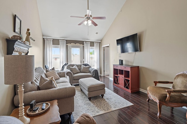 1071 Muna Ct, Spring Hill, TN 37174 - living room with ceiling fan, dark wood-style floors, baseboards, and high vaulted ceiling