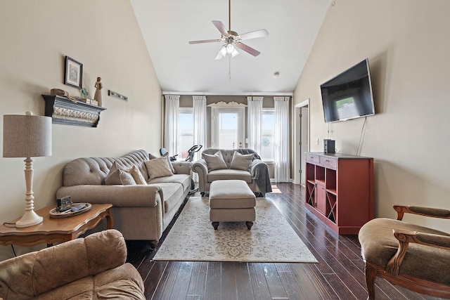 1071 Muna Ct, Spring Hill, TN 37174 - living room featuring high vaulted ceiling, ceiling fan, and dark wood-type flooring