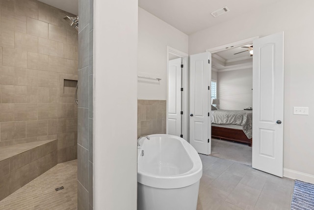 1210 Proprietors Pl, Murfreesboro, TN 37128 - bathroom with ceiling fan, a soaking tub, tiled shower, ensuite bathroom, and ornamental molding