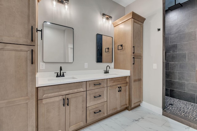 53 Kemp Hollow Rd, Pleasant Shade, TN 37145 - bathroom with marble look tile flooring, double vanity, and tiled shower