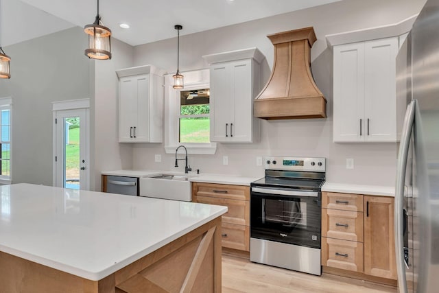 53 Kemp Hollow Rd, Pleasant Shade, TN 37145 - kitchen featuring stainless steel appliances, custom exhaust hood, light countertops, plenty of natural light, and recessed lighting