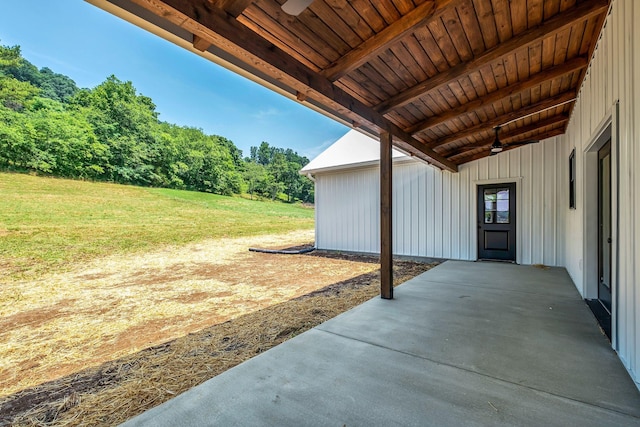 53 Kemp Hollow Rd, Pleasant Shade, TN 37145 - view of patio / terrace with ceiling fan and a forest view
