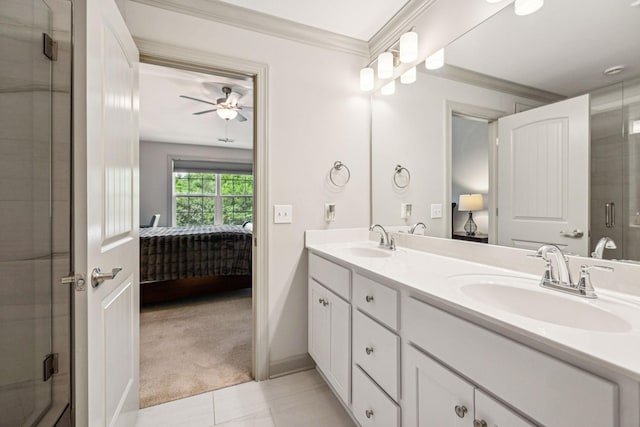2342 N Tennessee Blvd Unit 1203, Murfreesboro, TN 37130 - full bath with ensuite bath, double vanity, a stall shower, ornamental molding, and a ceiling fan