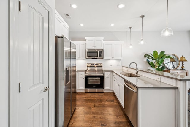2342 N Tennessee Blvd Unit 1203, Murfreesboro, TN 37130 - kitchen with appliances with stainless steel finishes, a sink, a peninsula, dark wood-style flooring, and white cabinetry