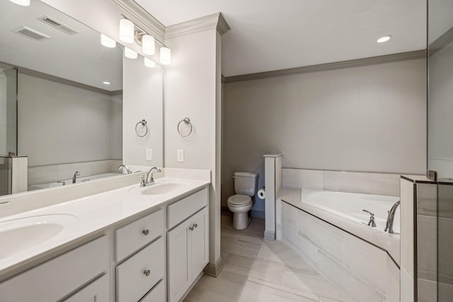 2342 N Tennessee Blvd Unit 1203, Murfreesboro, TN 37130 - bathroom with crown molding, toilet, a bath, double vanity, and recessed lighting
